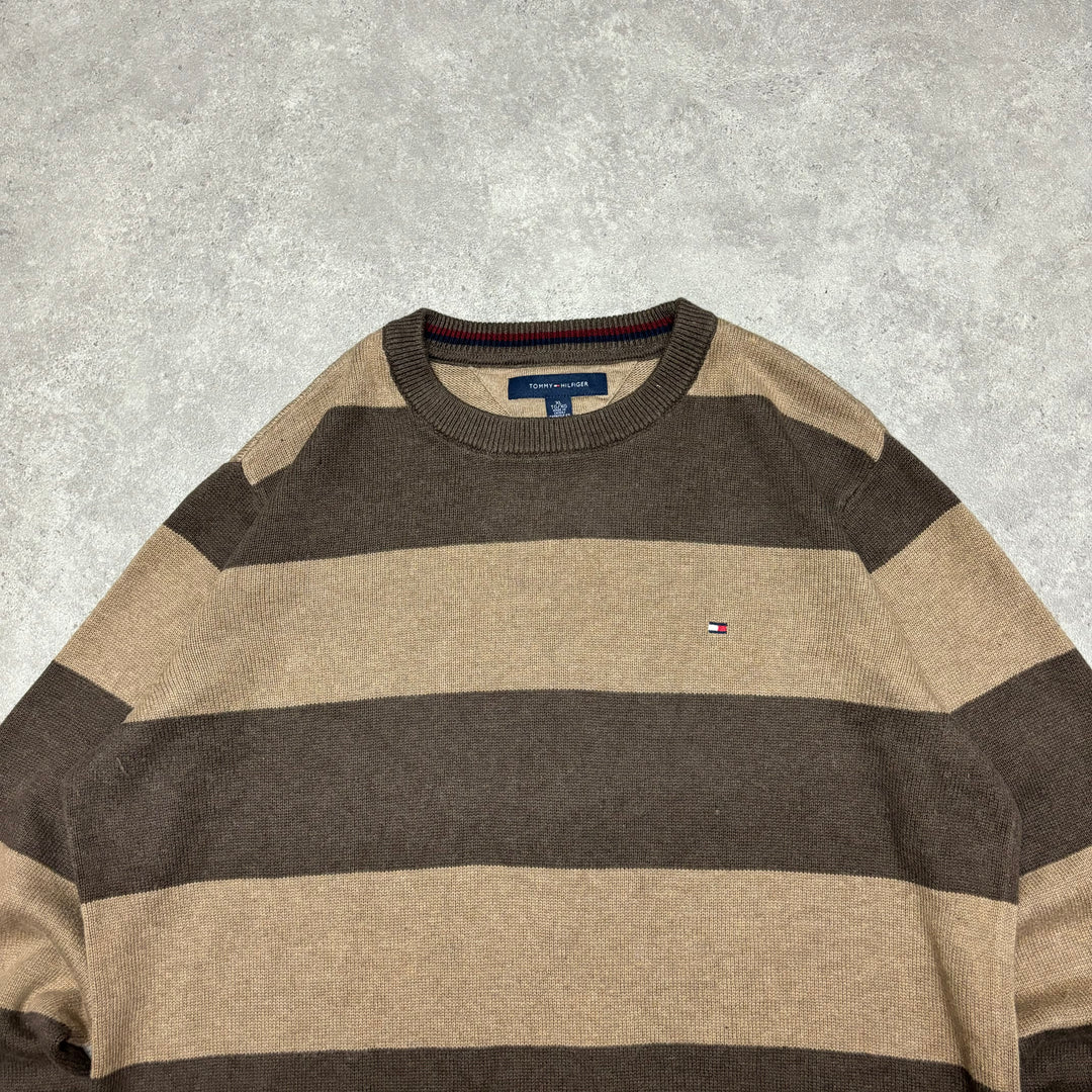 Vintage Tommy Hilfiger Brown Stripy Knitted Jumper (XL)