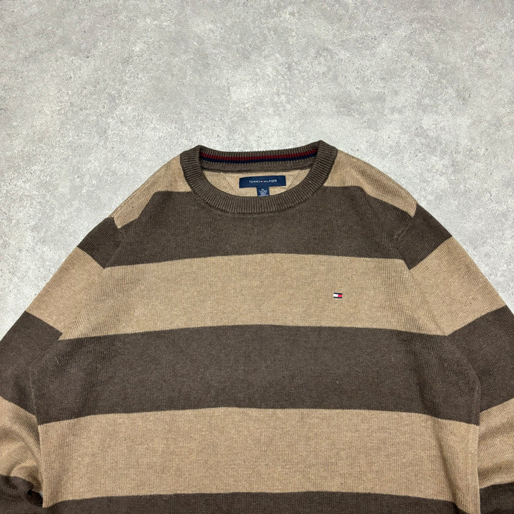 Vintage Tommy Hilfiger Brown Stripy Knitted Jumper (XL)