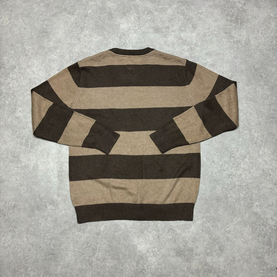 Vintage Tommy Hilfiger Brown Stripy Knitted Jumper (XL)