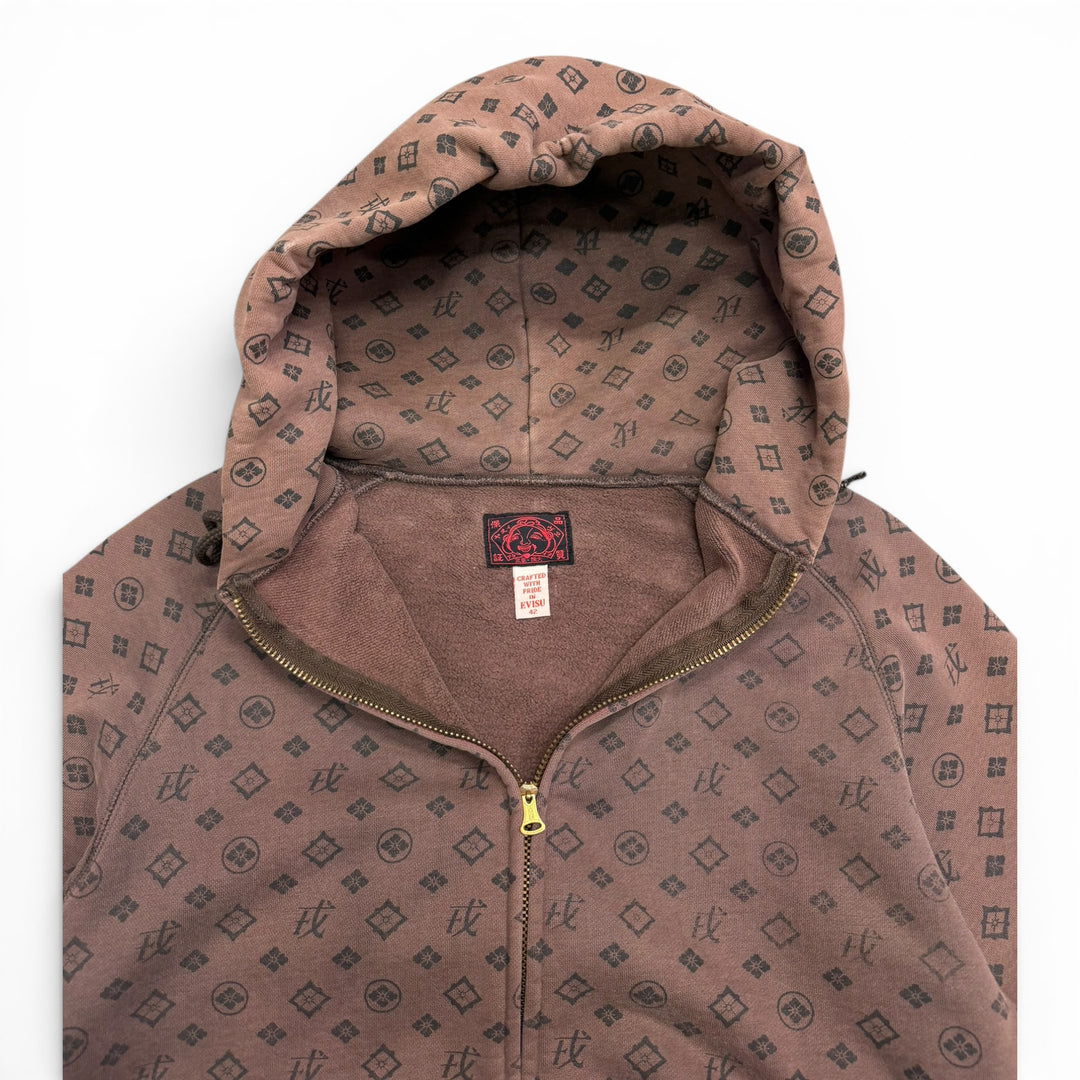 Evisu Monagram Pattern Pullover Hoodie Brown (L)