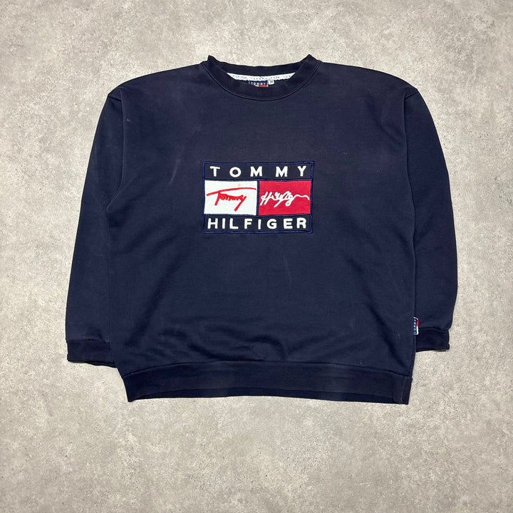 90's Vintage Tommy Hilfiger Navy Spell Out Sweatshirt (M)