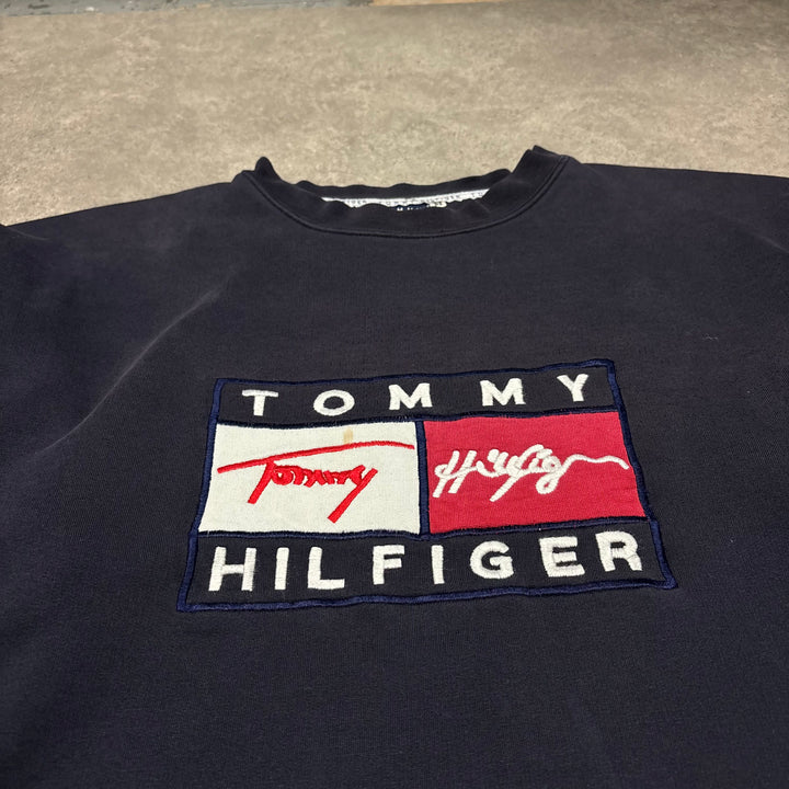 90's Vintage Tommy Hilfiger Navy Spell Out Sweatshirt (M)