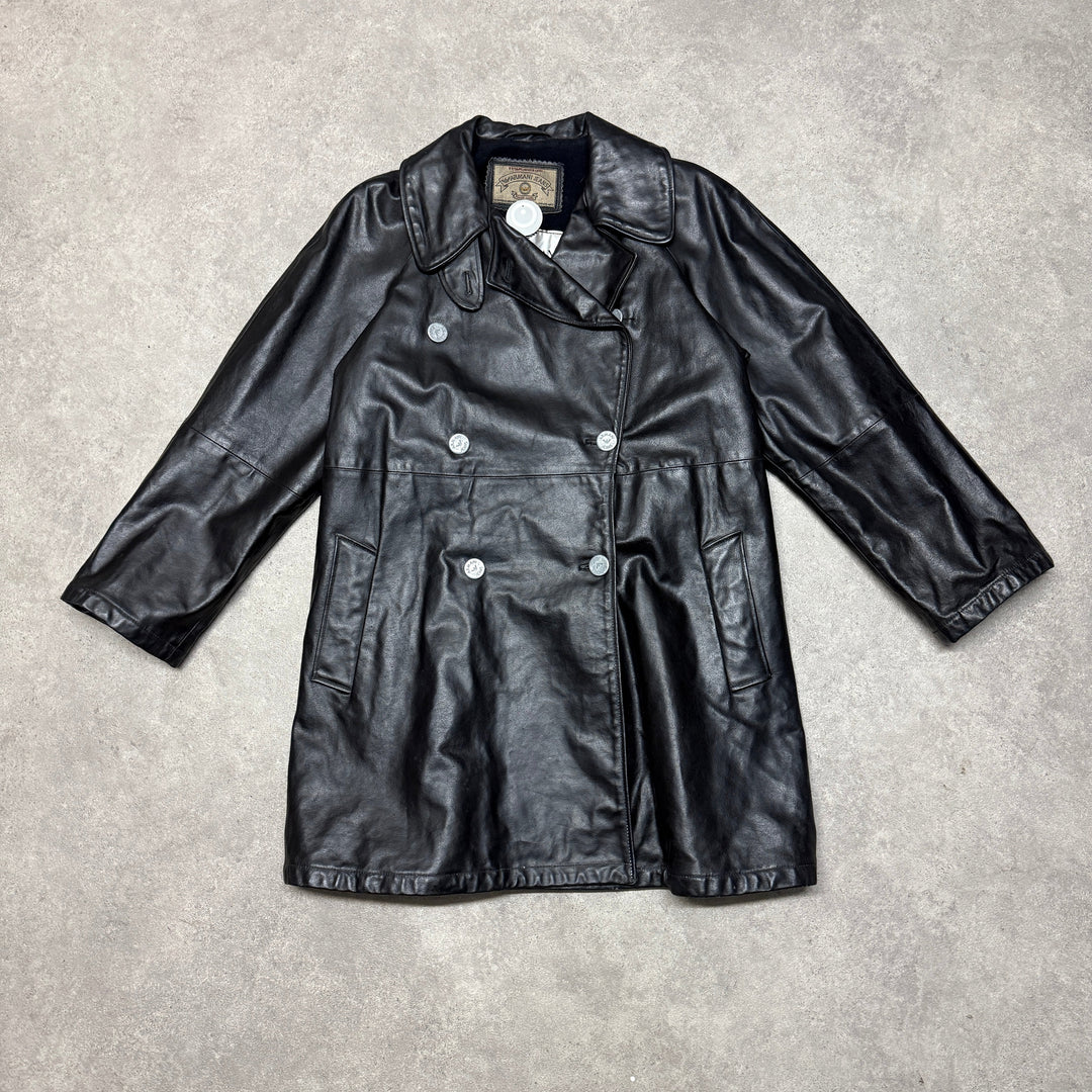 Armani Leather Trench Silver Button Jackets Size L Black