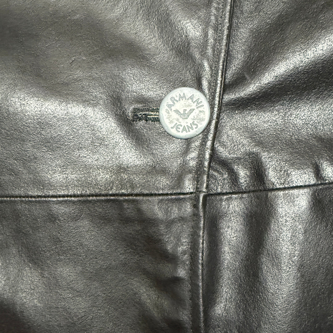 Armani Leather Trench Silver Button Jackets Size L Black