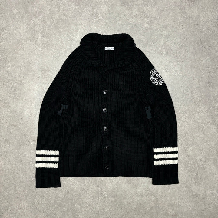 Vintage 2005 Stone Island Black Heavy Knitted Button Up Sweater (L)