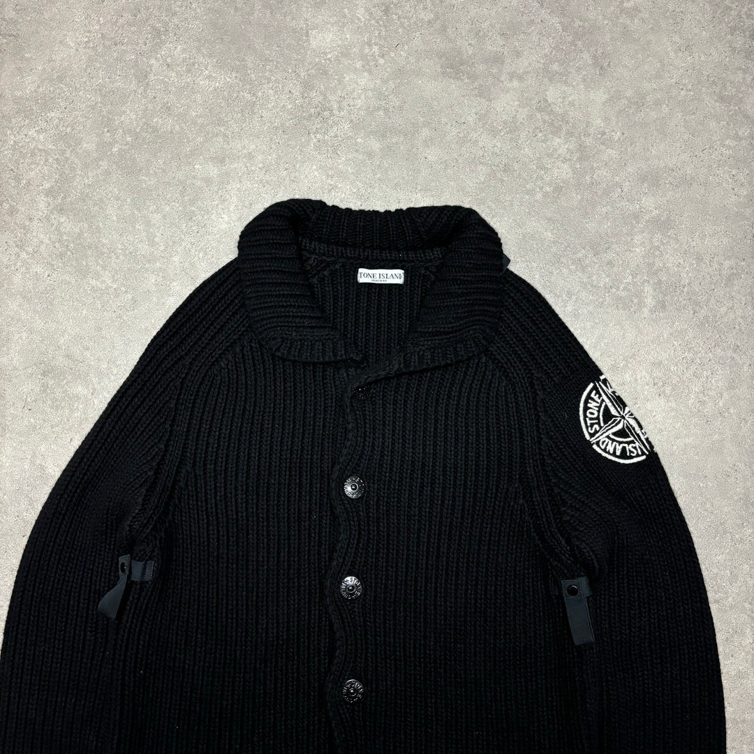 Vintage 2005 Stone Island Black Heavy Knitted Button Up Sweater (L)