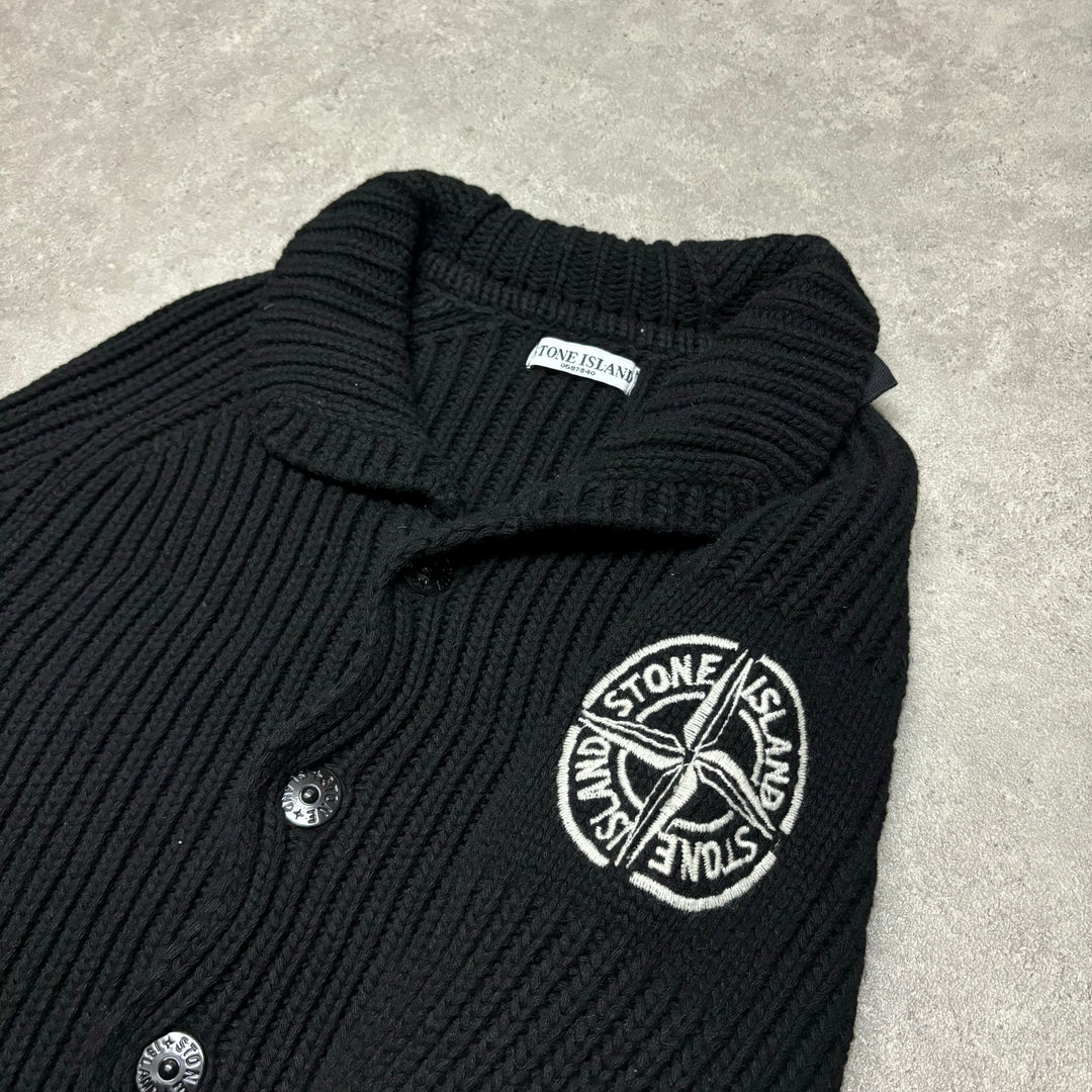 Vintage 2005 Stone Island Black Heavy Knitted Button Up Sweater (L)