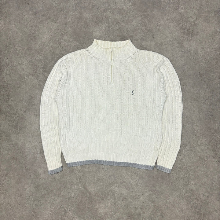 Vintage Yves Saint Laurent White Knitted Quarter Zip (L)