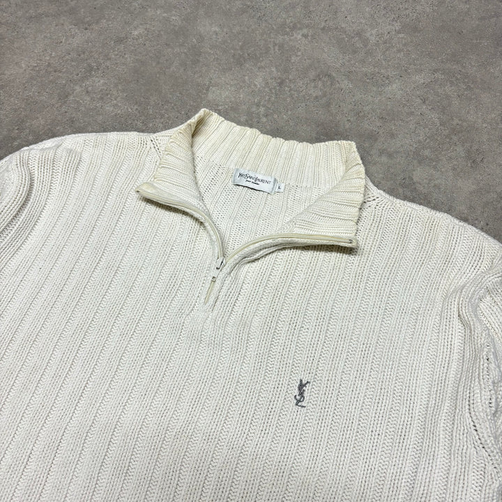 Vintage Yves Saint Laurent White Knitted Quarter Zip (L)