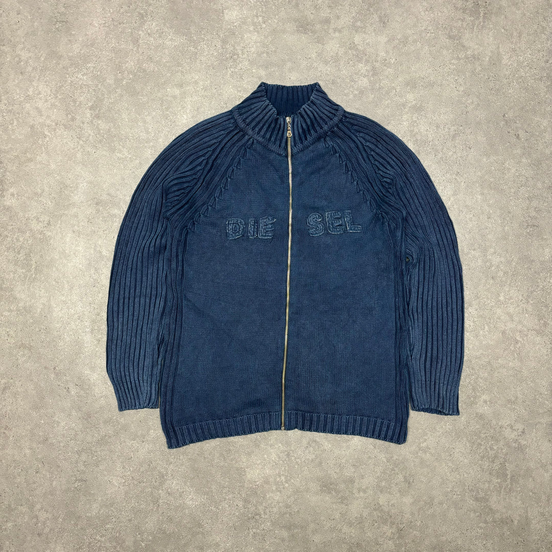 Vintage Diesel Spell Out Blue Full Zip Knitted Sweater (M)