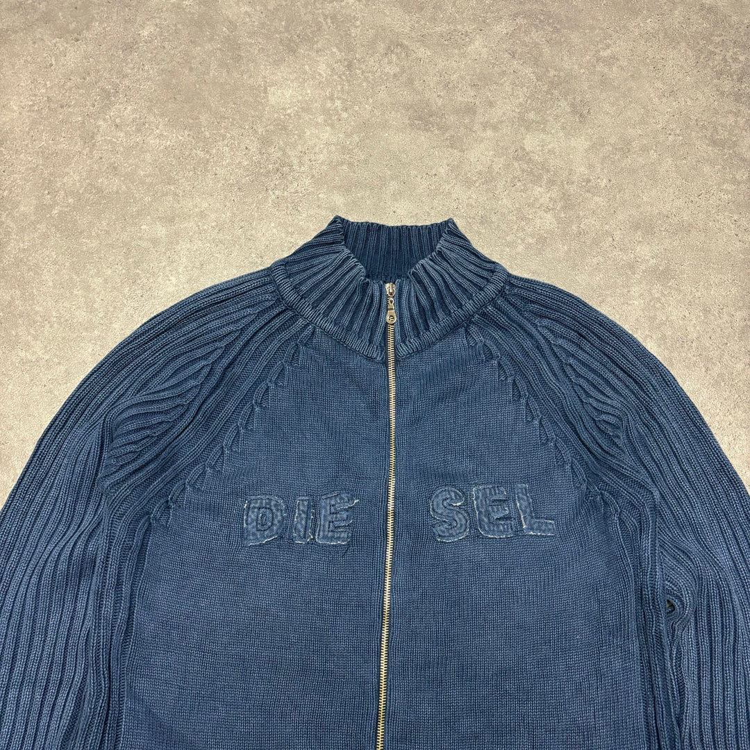 Vintage Diesel Spell Out Blue Full Zip Knitted Sweater (M)