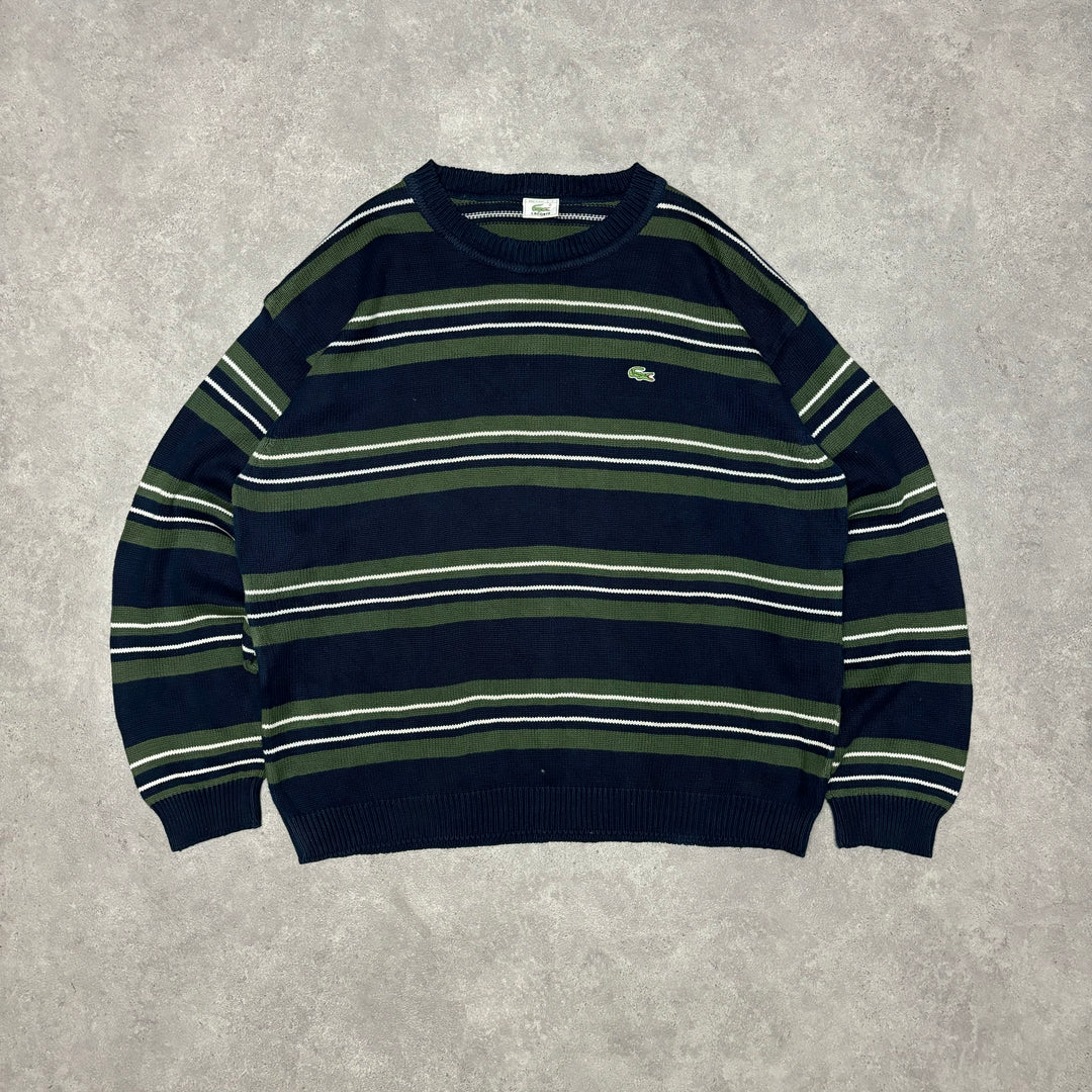 Vintage Lacoste Green & Navy Striped Knitted Sweater (XL)