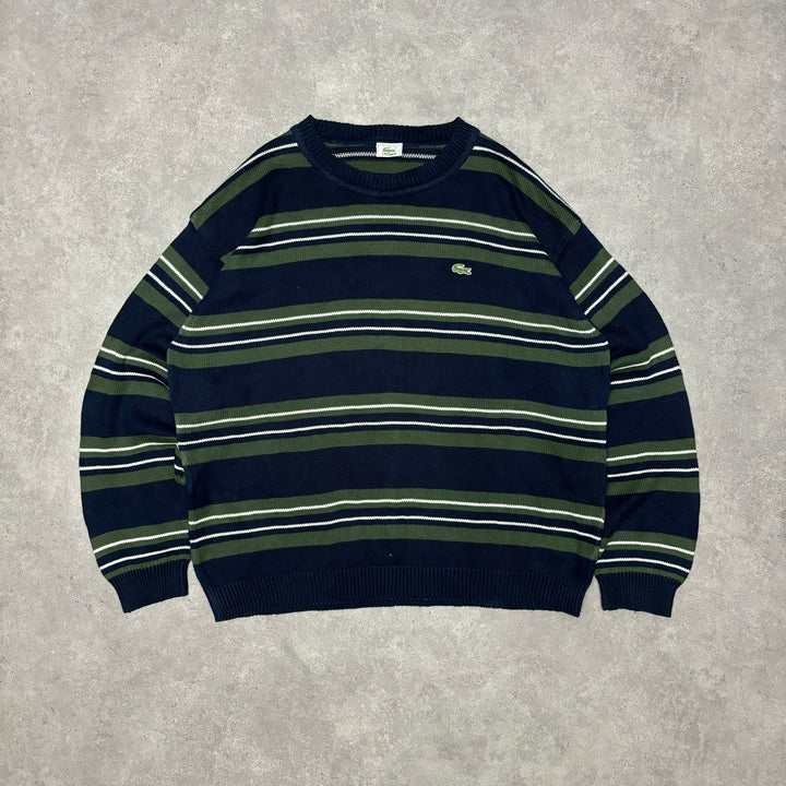 Vintage Lacoste Green & Navy Striped Knitted Sweater (XL)