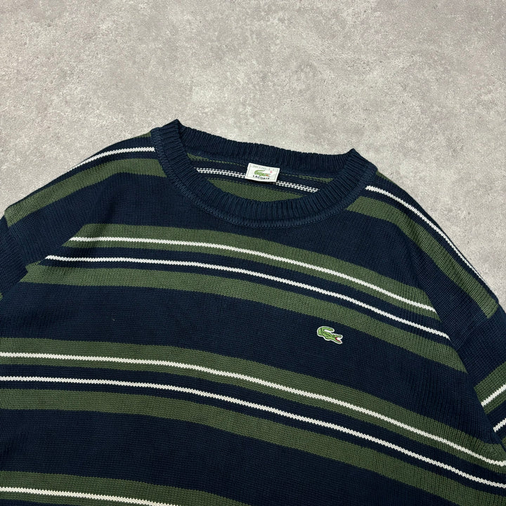 Vintage Lacoste Green & Navy Striped Knitted Sweater (XL)