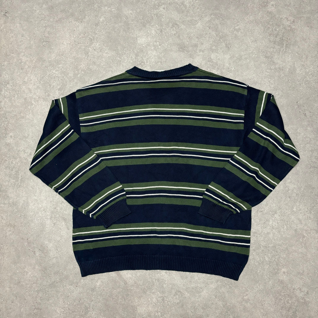 Vintage Lacoste Green & Navy Striped Knitted Sweater (XL)