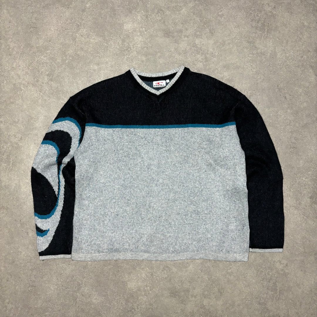 90's Vintage O'Neill Grey & Black Spell Out Heavy Knitted Sweater (XL)