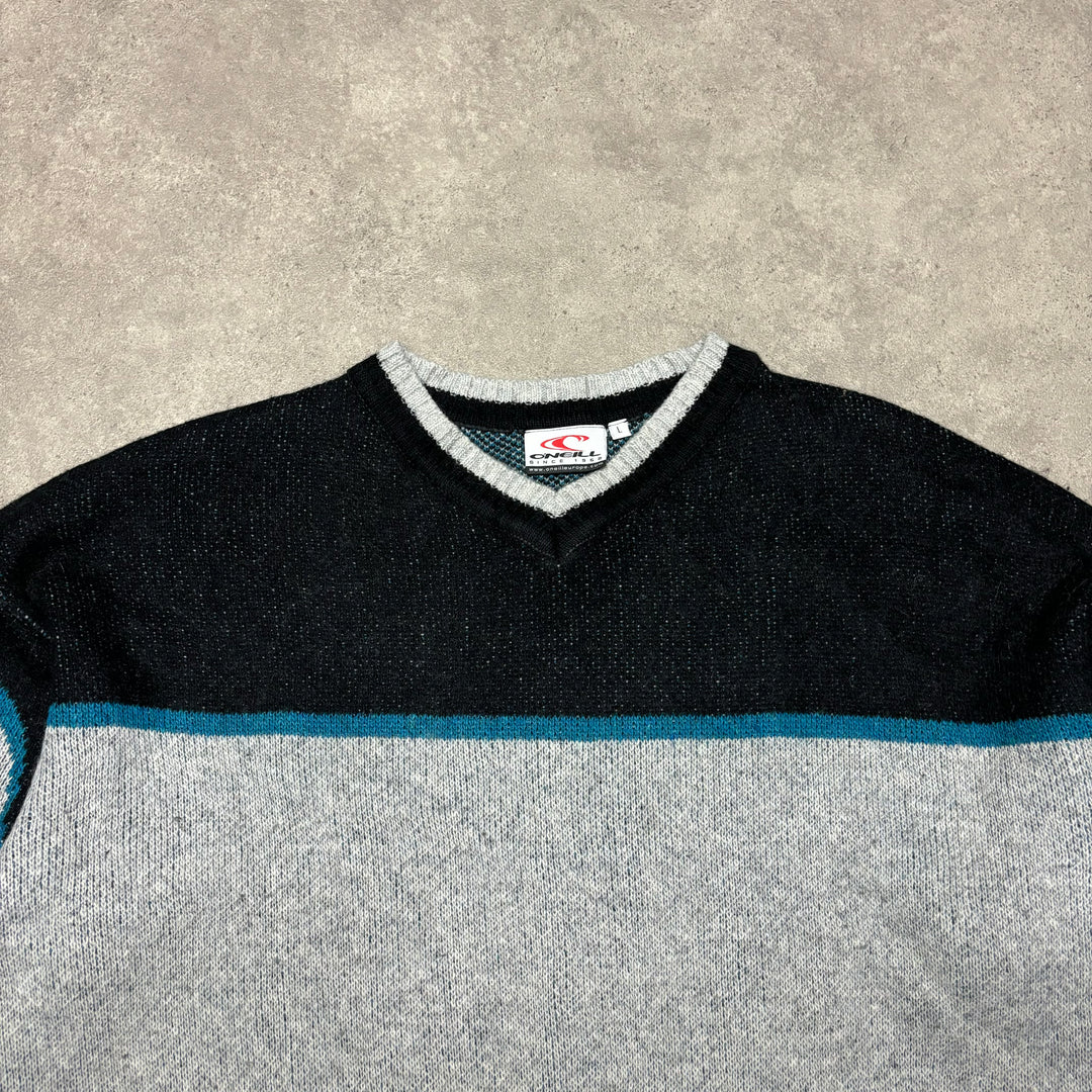 90's Vintage O'Neill Grey & Black Spell Out Heavy Knitted Sweater (XL)