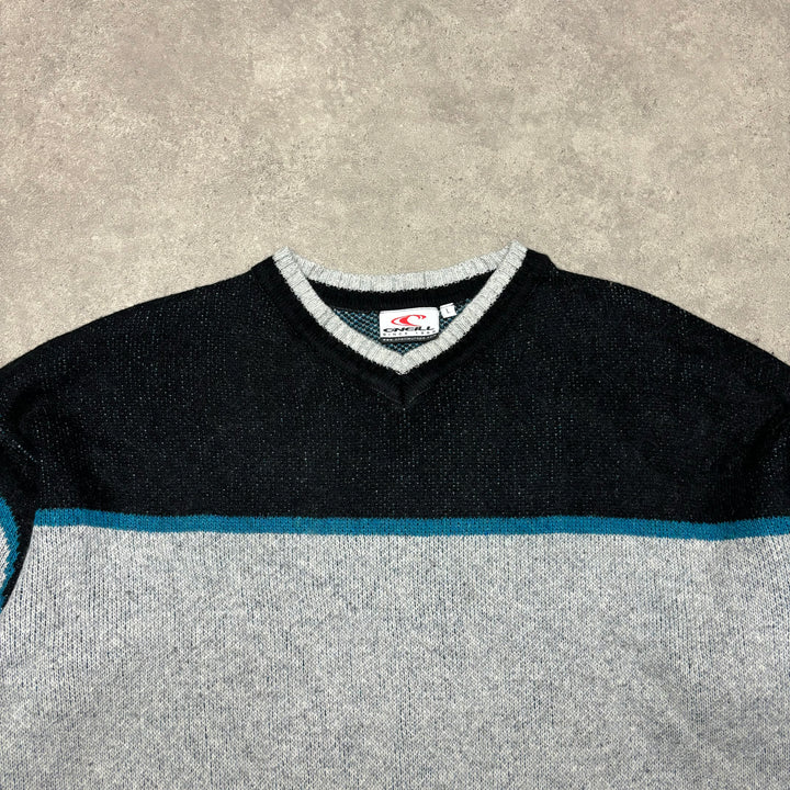 90's Vintage O'Neill Grey & Black Spell Out Heavy Knitted Sweater (XL)