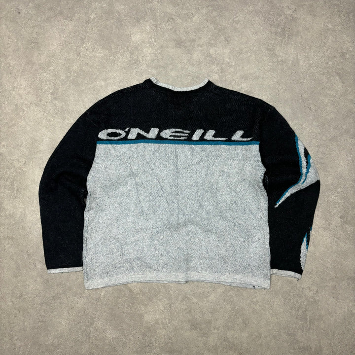 90's Vintage O'Neill Grey & Black Spell Out Heavy Knitted Sweater (XL)