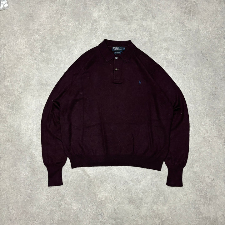 Vintage Polo Ralph Lauren Burgundy Collared Knitted Jumper (XL)