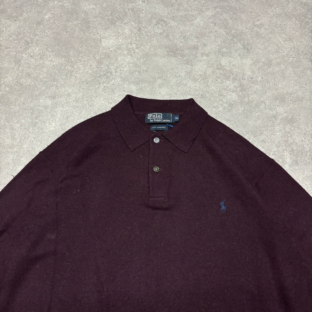 Vintage Polo Ralph Lauren Burgundy Collared Knitted Jumper (XL)