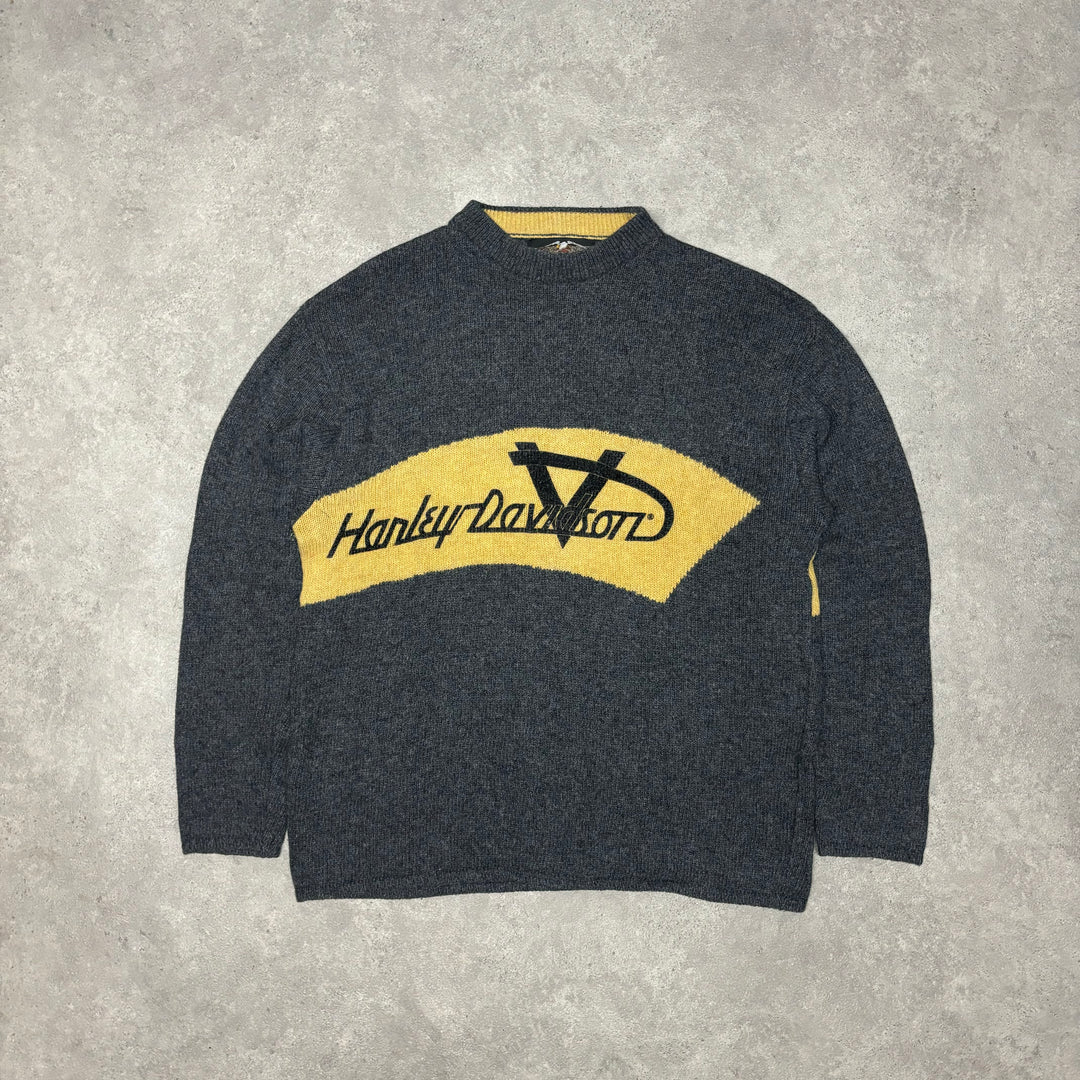 Vintage Harley Davidson Grey & Yellow Spell Out Knitted Sweater (XL)