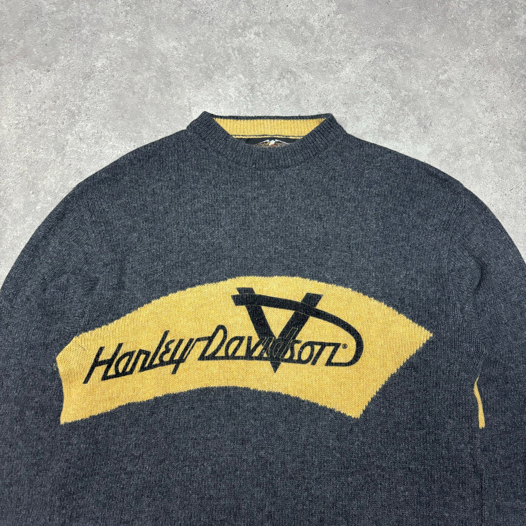 Vintage Harley Davidson Grey & Yellow Spell Out Knitted Sweater (XL)