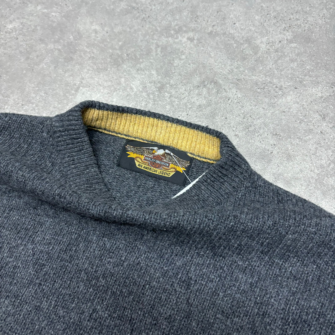 Vintage Harley Davidson Grey & Yellow Spell Out Knitted Sweater (XL)