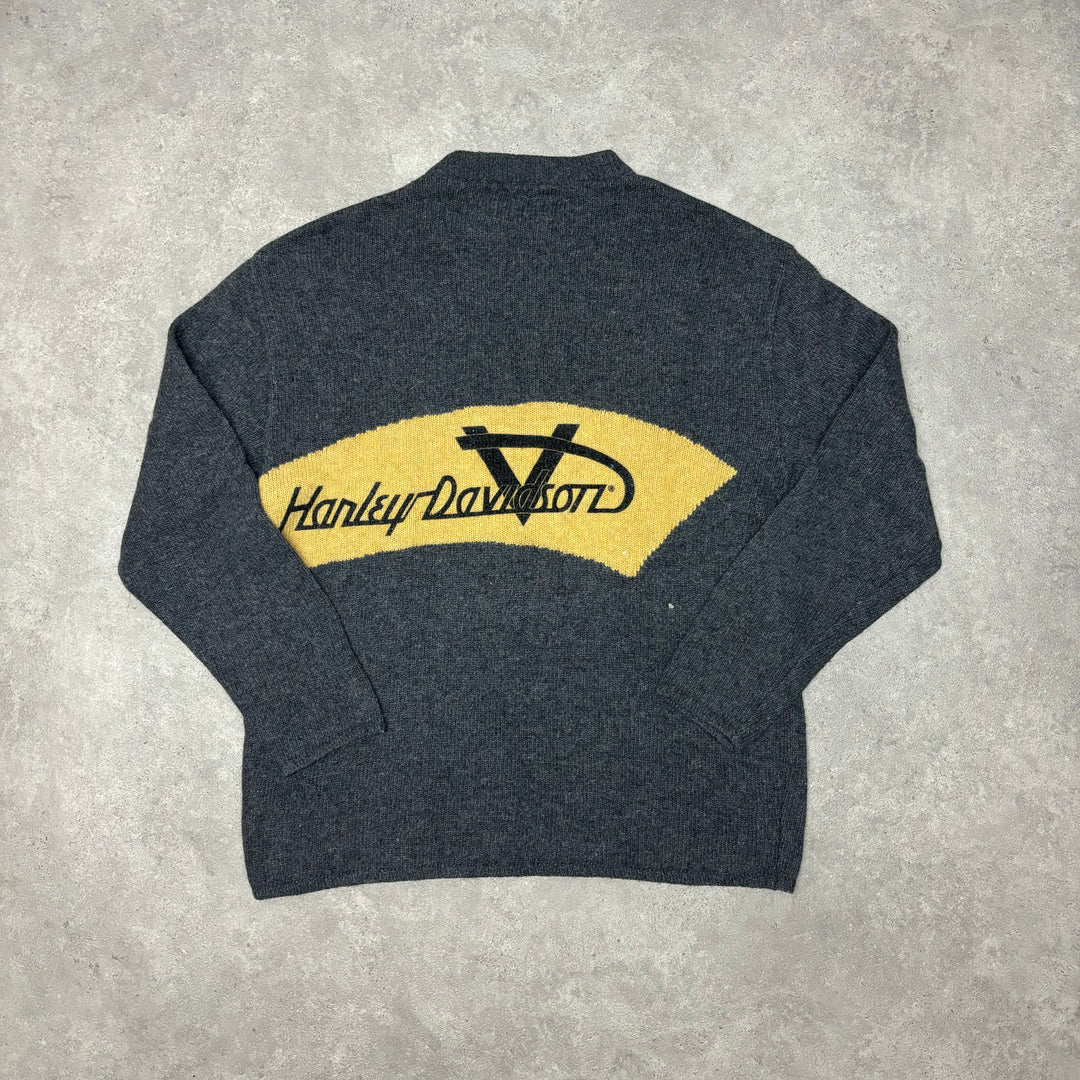 Vintage Harley Davidson Grey & Yellow Spell Out Knitted Sweater (XL)