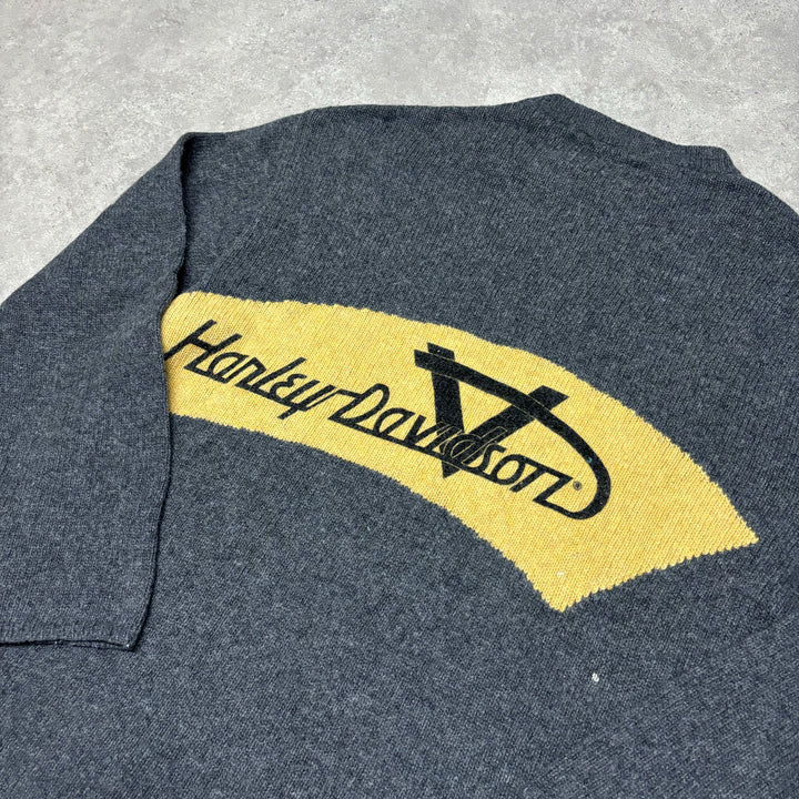 Vintage Harley Davidson Grey & Yellow Spell Out Knitted Sweater (XL)