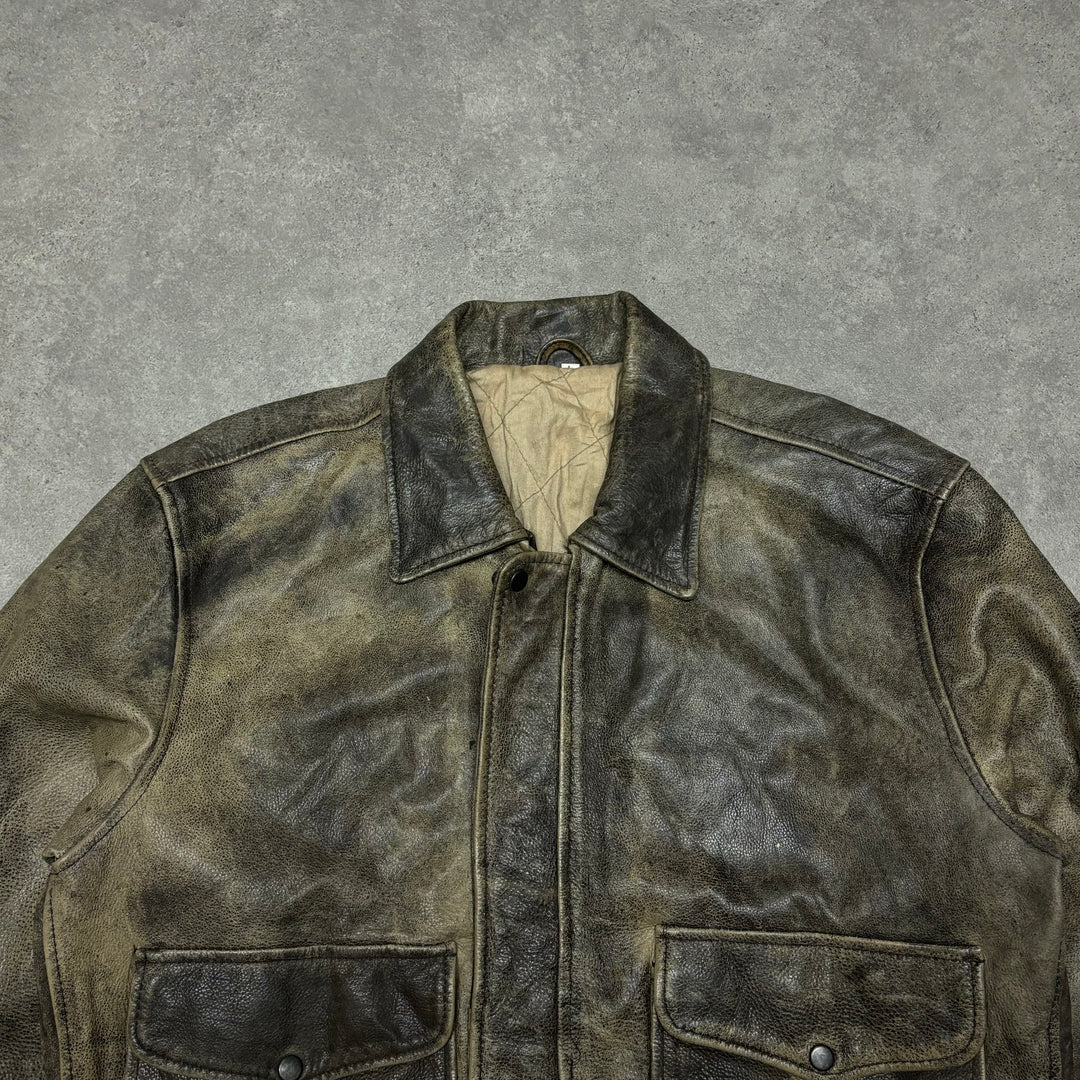 Vintage Faded Brown Leather Bomber Jacket (L)