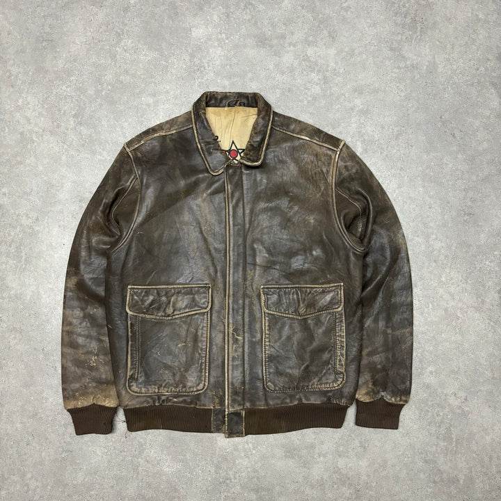 Vintage Brown Faded Leather Flight Jacket (XL)