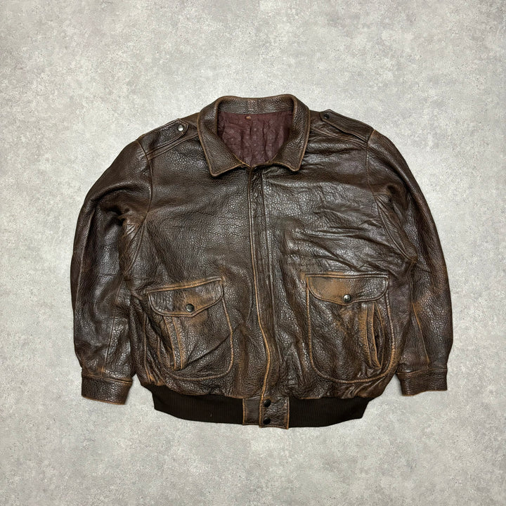 Vintage Faded Brown Leather Flight Jacket (XL)