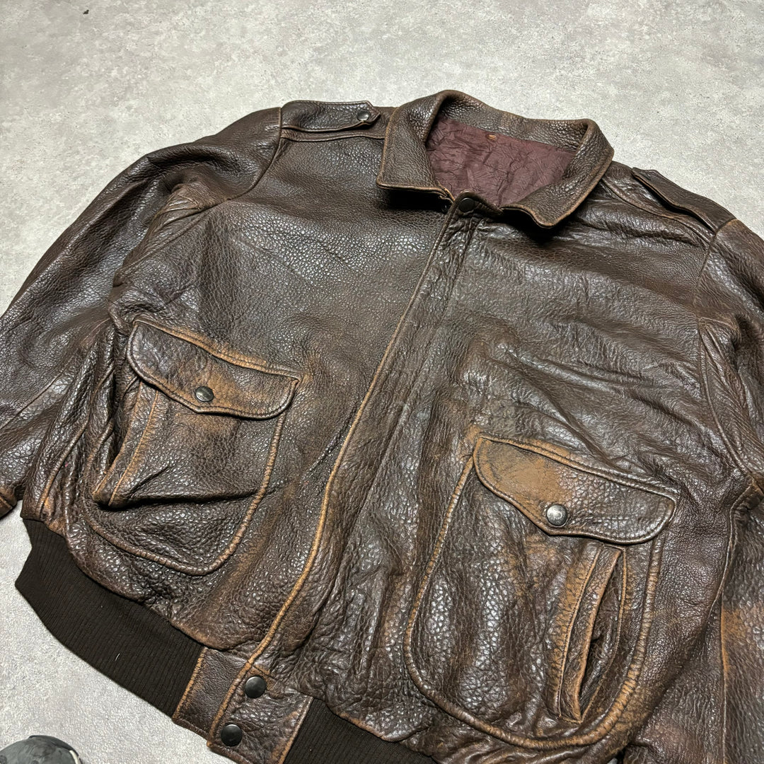 Vintage Faded Brown Leather Flight Jacket (XL)