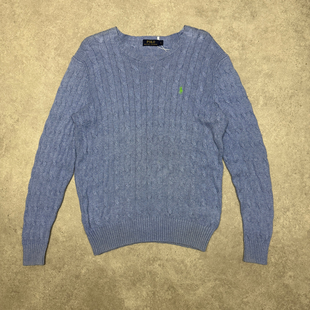 Polo Ralph Lauren Crew Neck Cable Knit Jumper Size L Blue