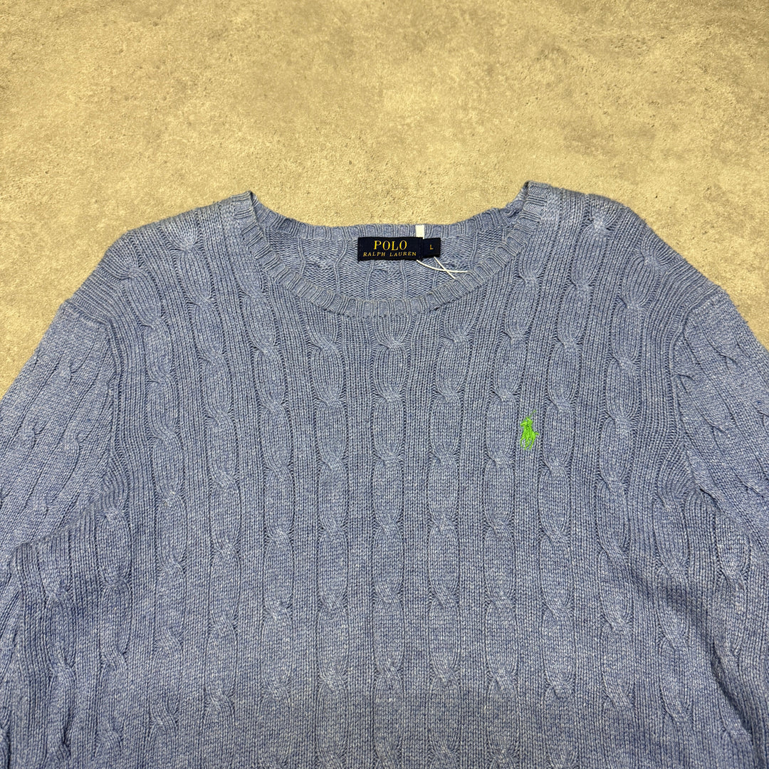 Polo Ralph Lauren Crew Neck Cable Knit Jumper Size L Blue