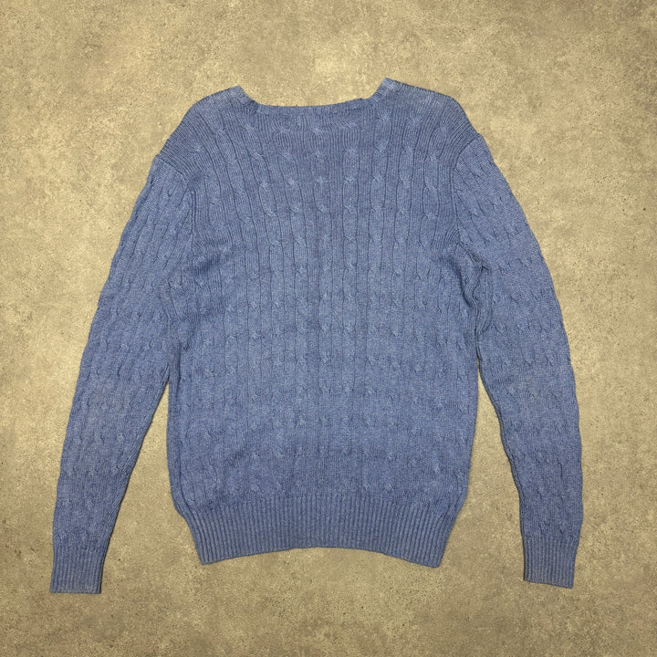 Polo Ralph Lauren Crew Neck Cable Knit Jumper Size L Blue