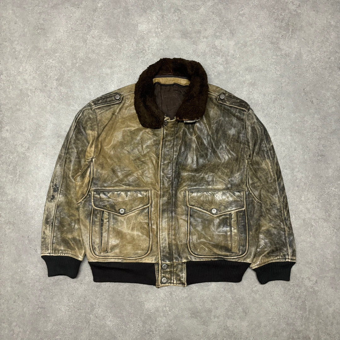 Vintage Faded Beige Flight Fur Collared Leather Jacket (XL)