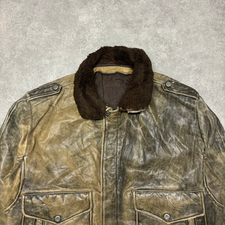 Vintage Faded Beige Flight Fur Collared Leather Jacket (XL)