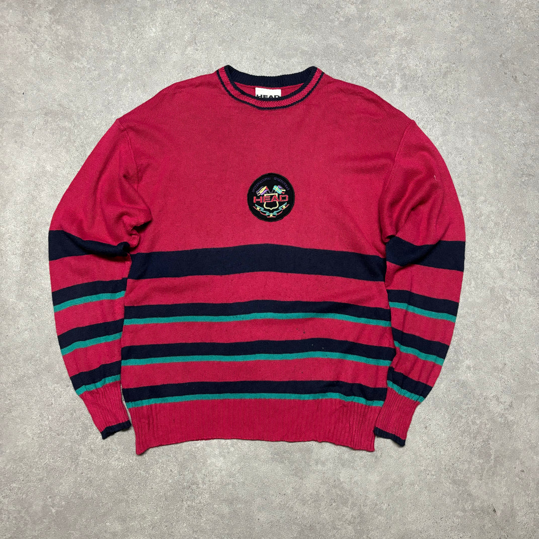 90's Vintage Head Stripy Red Knitted Sweater (L)