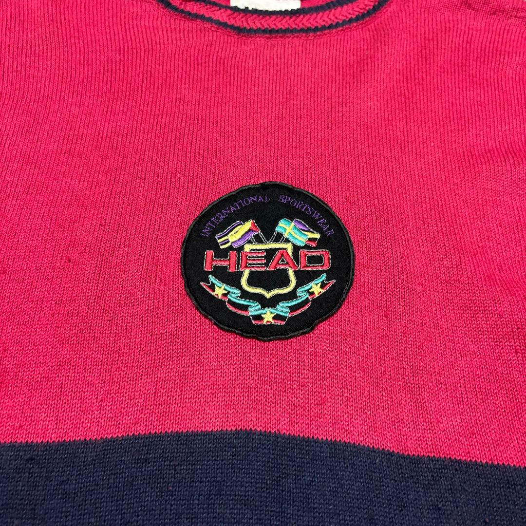 90's Vintage Head Stripy Red Knitted Sweater (L)