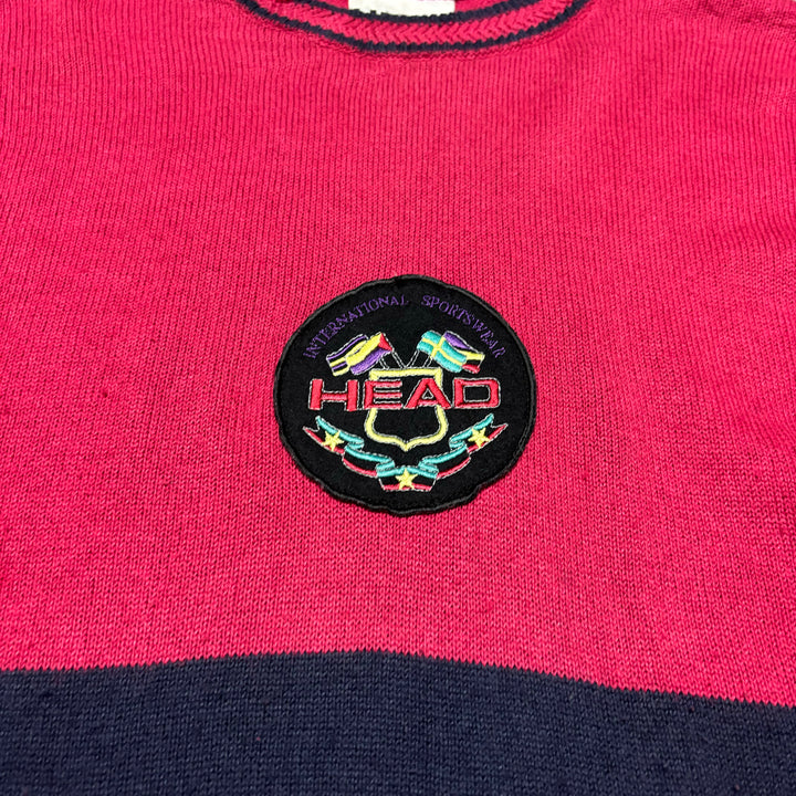 90's Vintage Head Stripy Red Knitted Sweater (L)