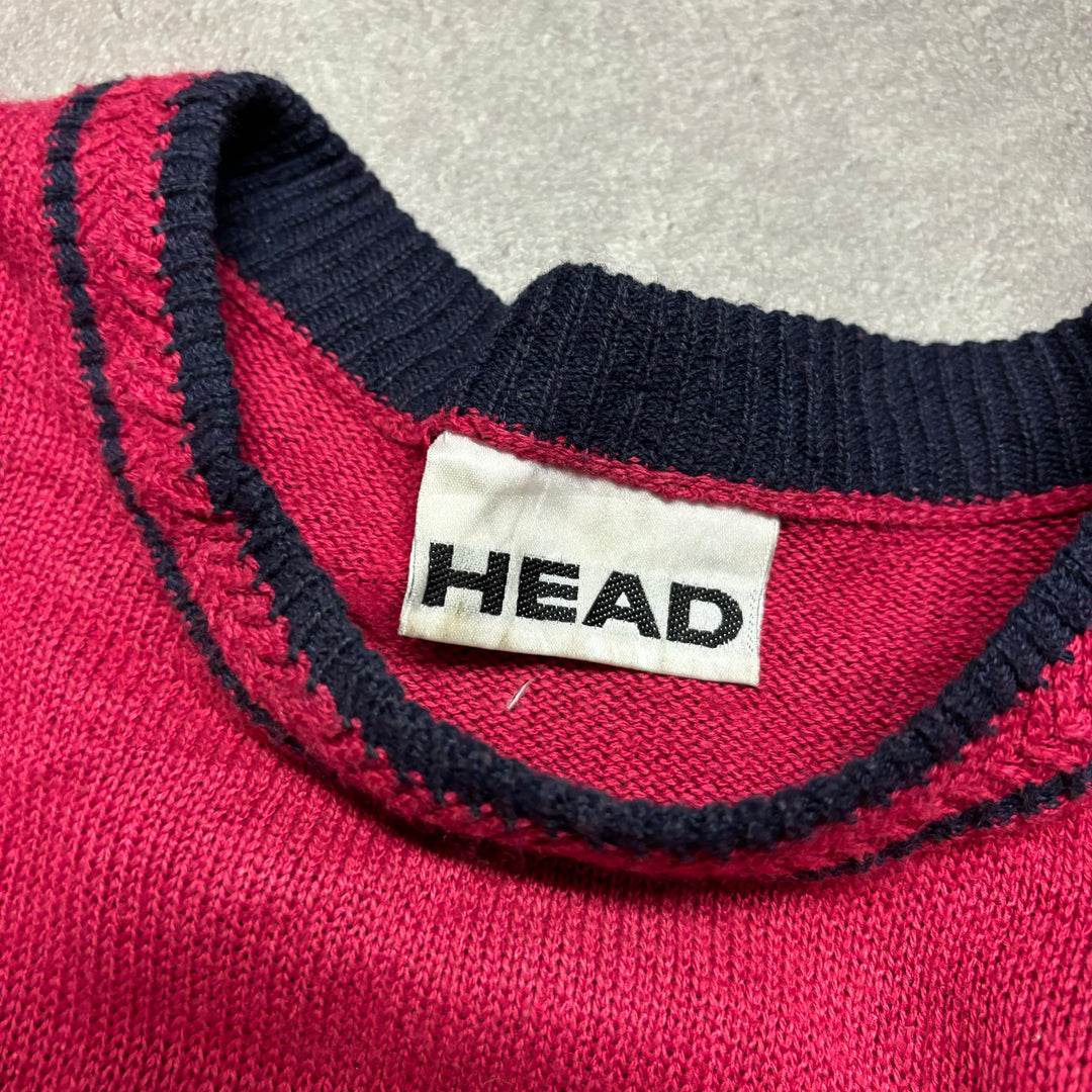 90's Vintage Head Stripy Red Knitted Sweater (L)