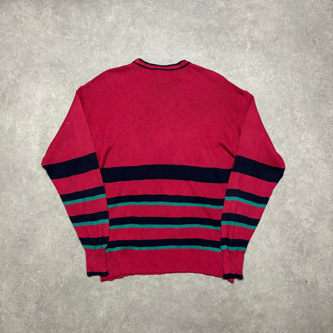 90's Vintage Head Stripy Red Knitted Sweater (L)