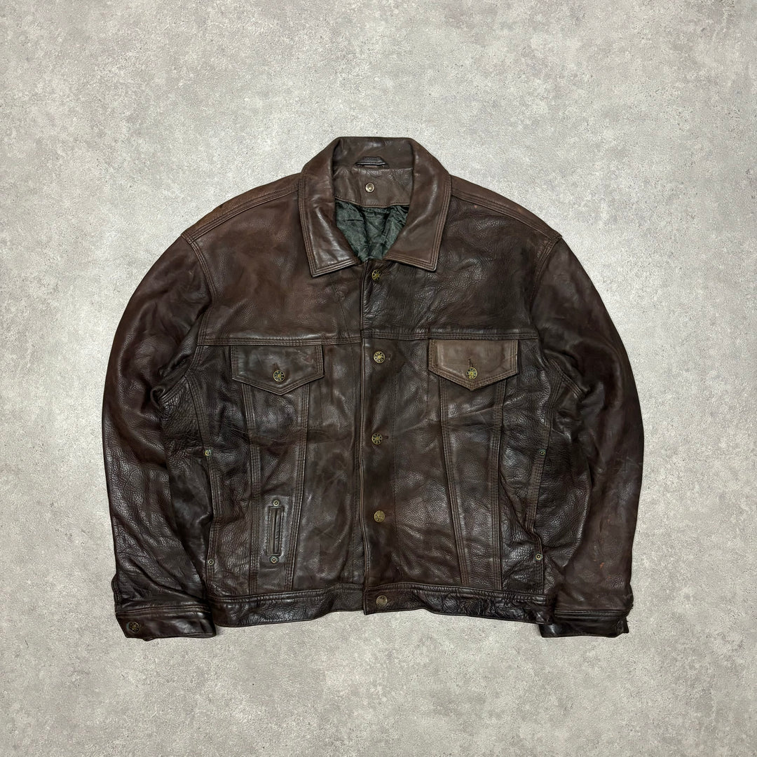 Vintage Brown Leather Button Up Jacket (L)