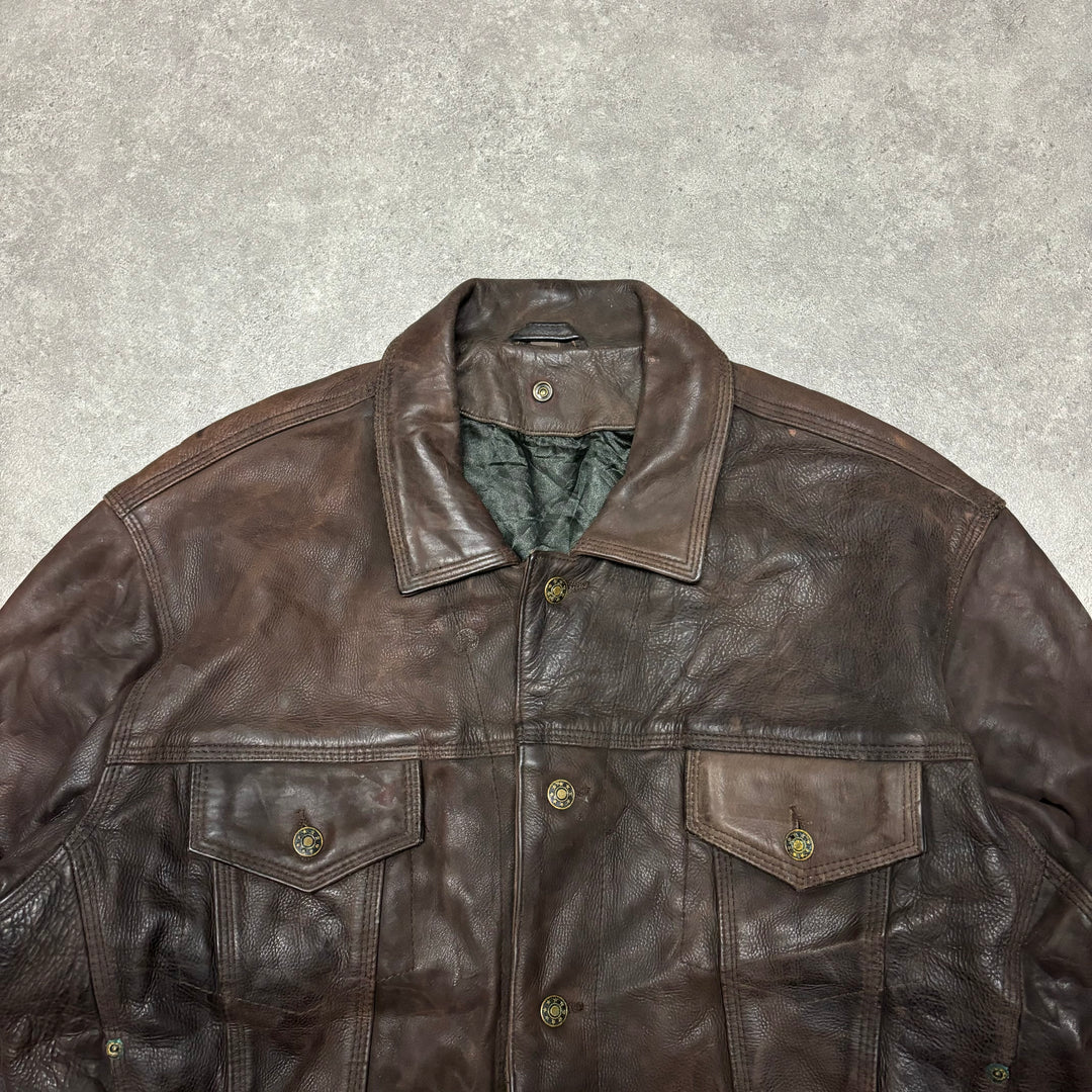 Vintage Brown Leather Button Up Jacket (L)