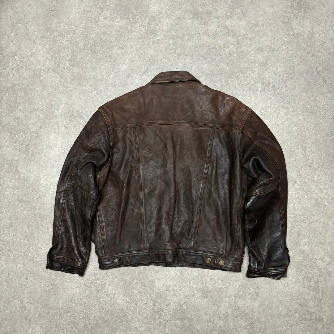 Vintage Brown Leather Button Up Jacket (L)