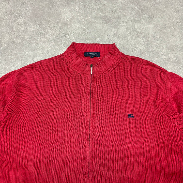 Vintage Burberry Red Full Zip Knitted Jumper (XL)