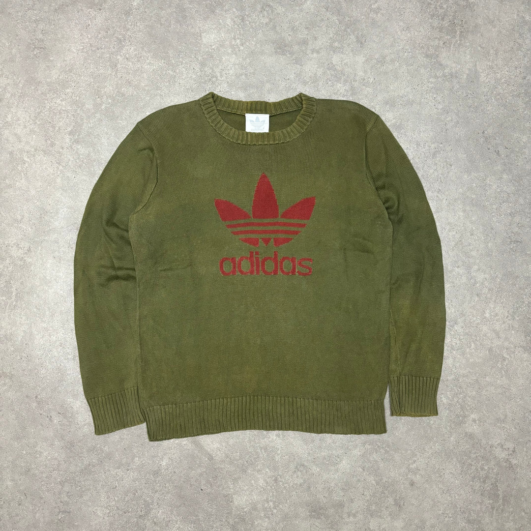 90's Vintage Adidas Green Large Logo Heavy Knitted Sweater (L)