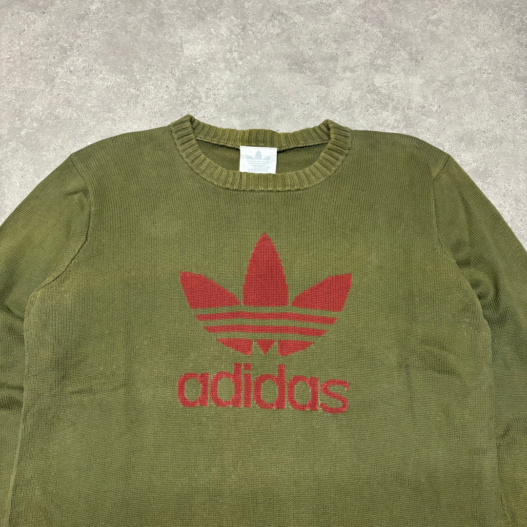 90's Vintage Adidas Green Large Logo Heavy Knitted Sweater (L)